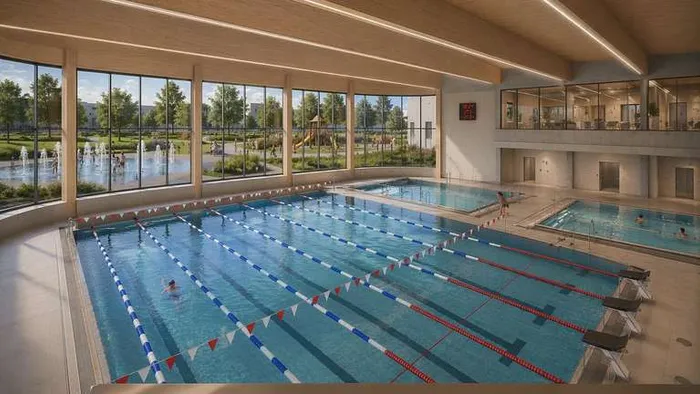 Ein modernes Hallenbad mit einem großen Bahnenbecken, kleineren Becken und großen Fensterfronten mit Blick auf eine Grünanlage.