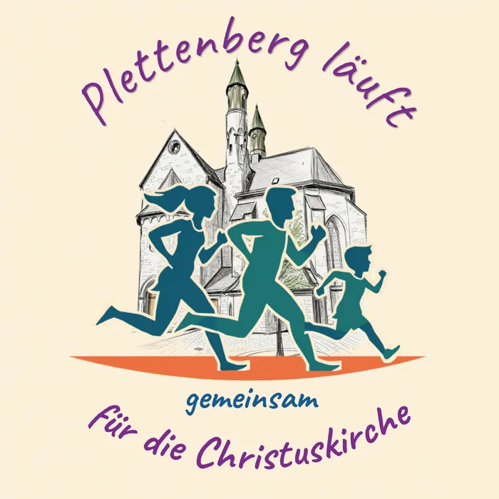 Drei Läufer rennen vor einer gezeichneten Kirche mit markanten Türmen. Darüber steht in geschwungenen Buchstaben „Plettenberg läuft“ und darunter „gemeinsam für die Christuskirche“.