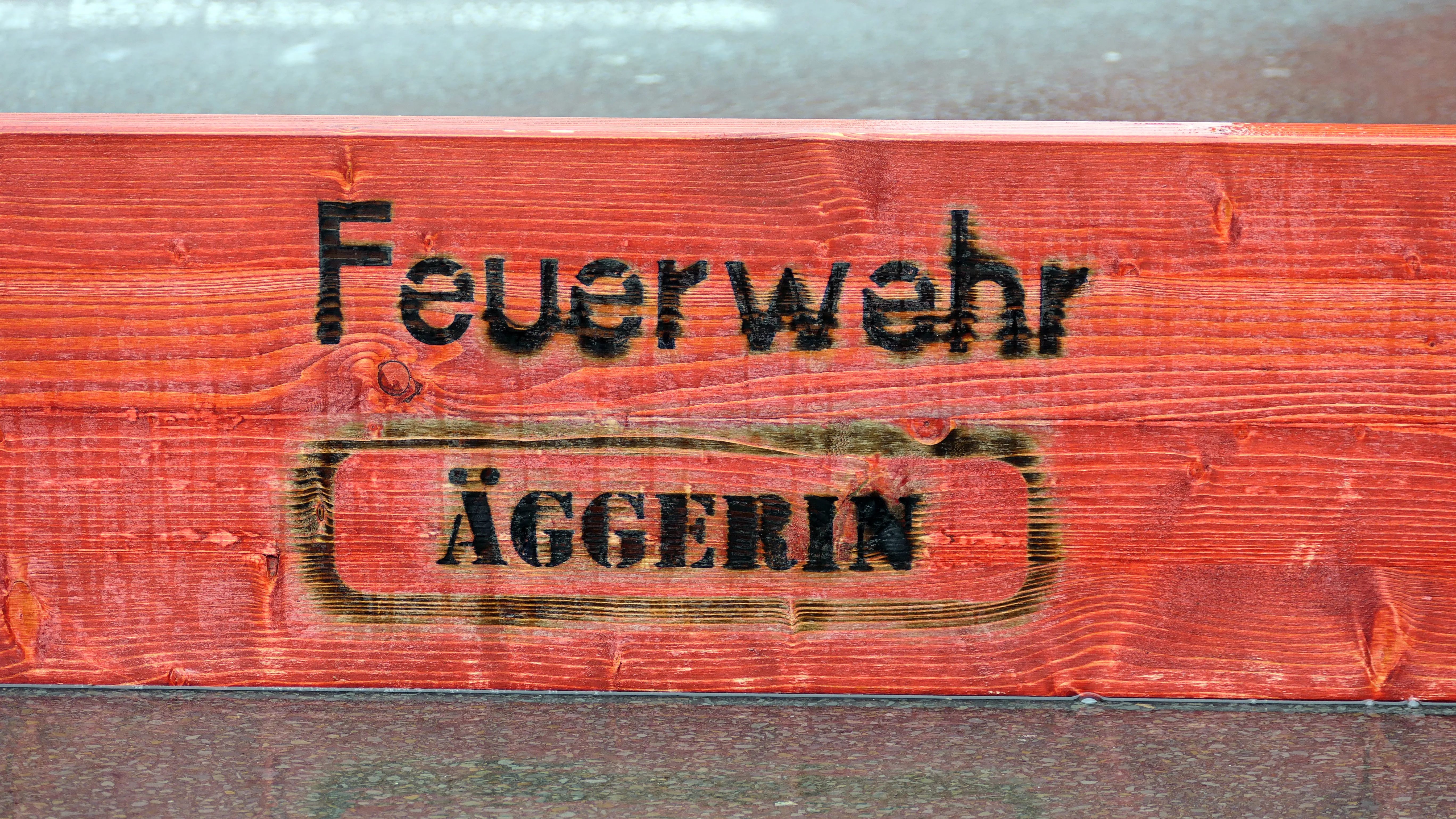 Rotes Holzschild mit dem Aufdruck „Feuerwehr Äggerin“.