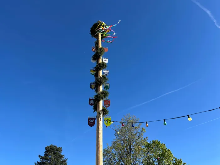 Hoher, geschmückter Maibaum vor blauem Himmel, befestigt mit Wimpeln und Girlanden.