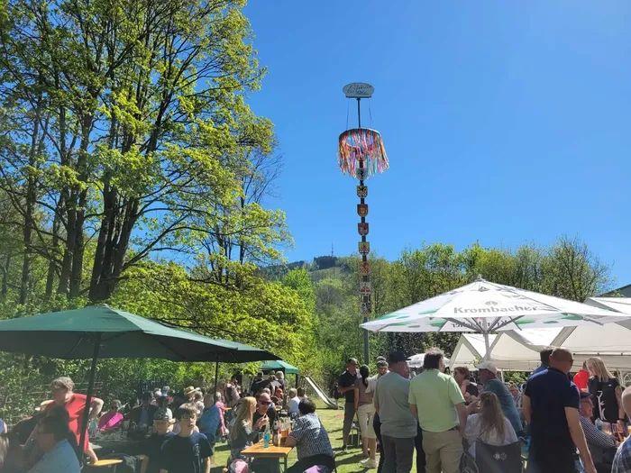 Eine Maifeier mit vielen Besuchern unter Sonnenschein. Im Hintergrund ein hoher, geschmückter Maibaum.