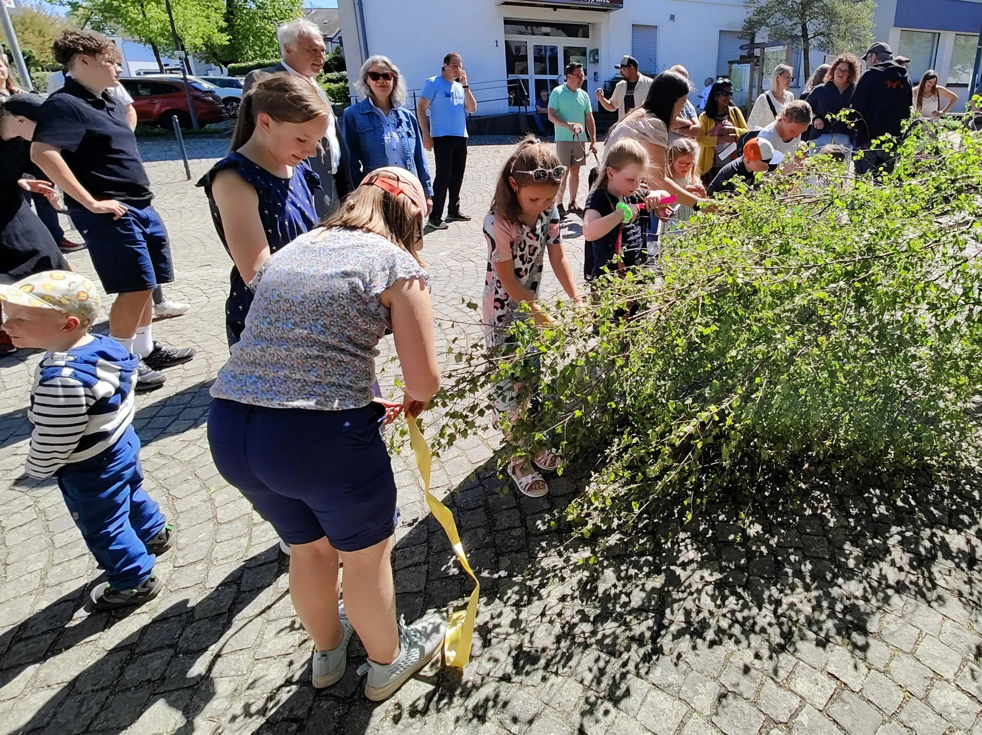 Kinder und Erwachsene binden gelbe Bänder an einen Strauch auf dem Dorfplatz von Wiblingwerde während des Maifests.