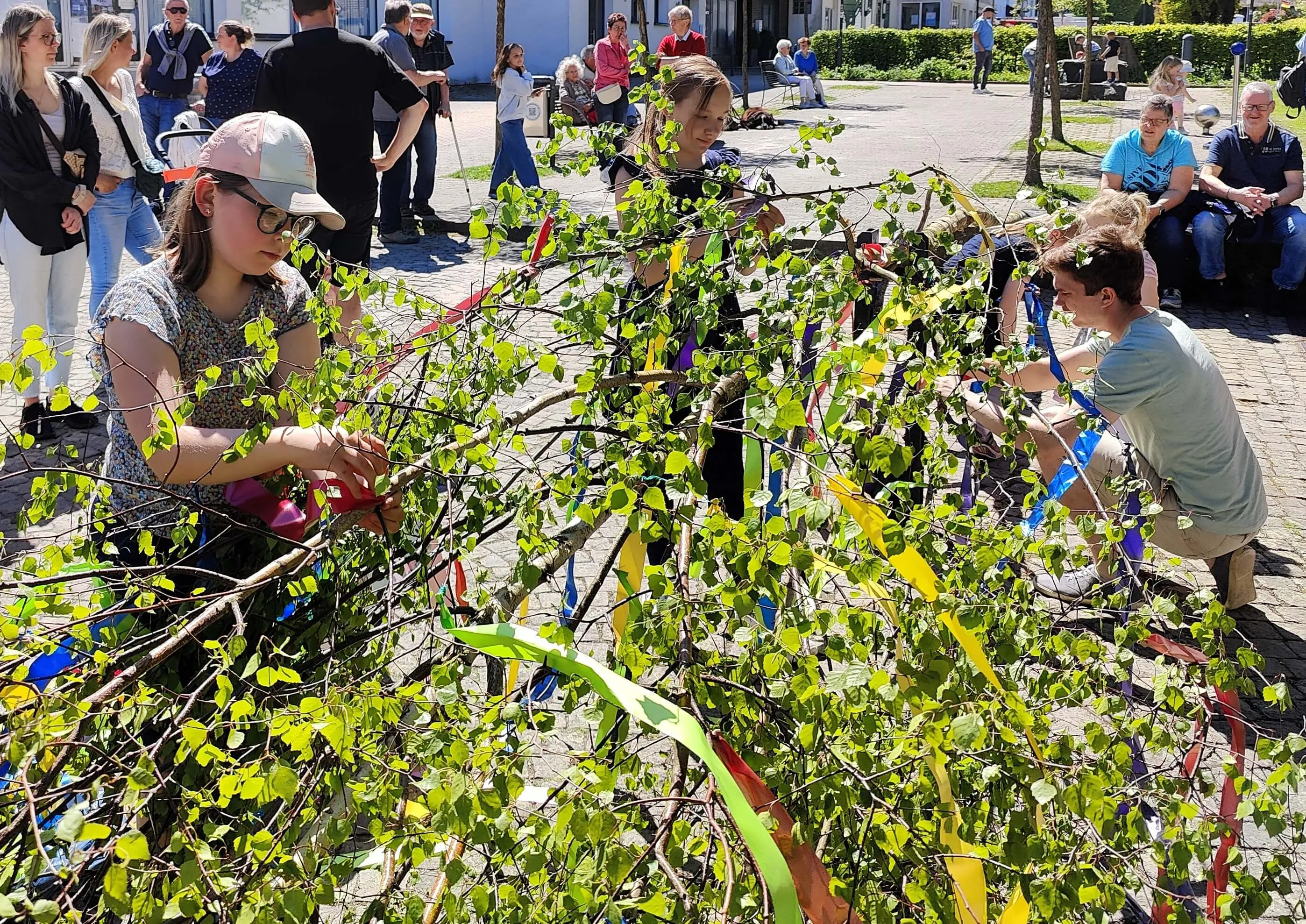 Menschen binden bunte Bänder an einen verblühten Obstbaum auf dem Dorfplatz während des Maifests in Wiblingwerde.
