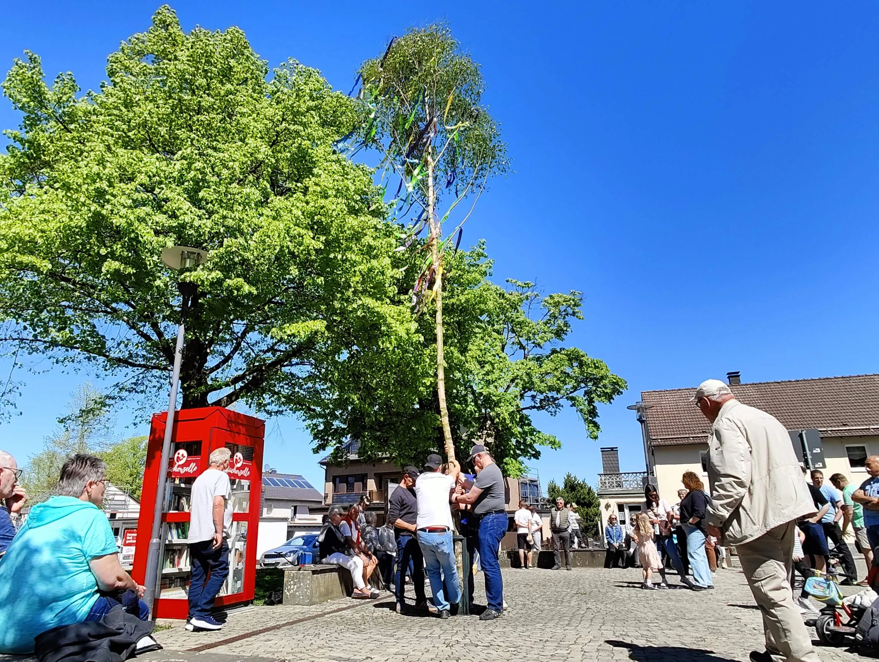 Menschen stehen um einen Maibaum auf dem Dorfplatz von Wiblingwerde, im Hintergrund Häuser und ein Bücherregal in Form eines Hauses.