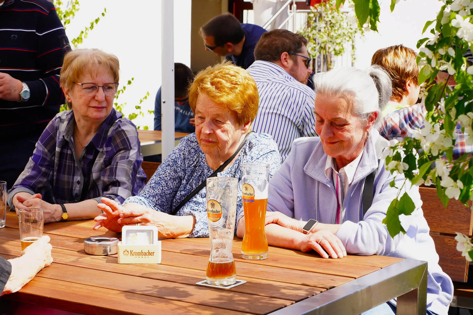 Mehrere ältere Menschen sitzen an einem Tisch im Freien, Biergläser stehen vor ihnen. Im Hintergrund sind weitere Personen und grüne Pflanzen zu sehen.