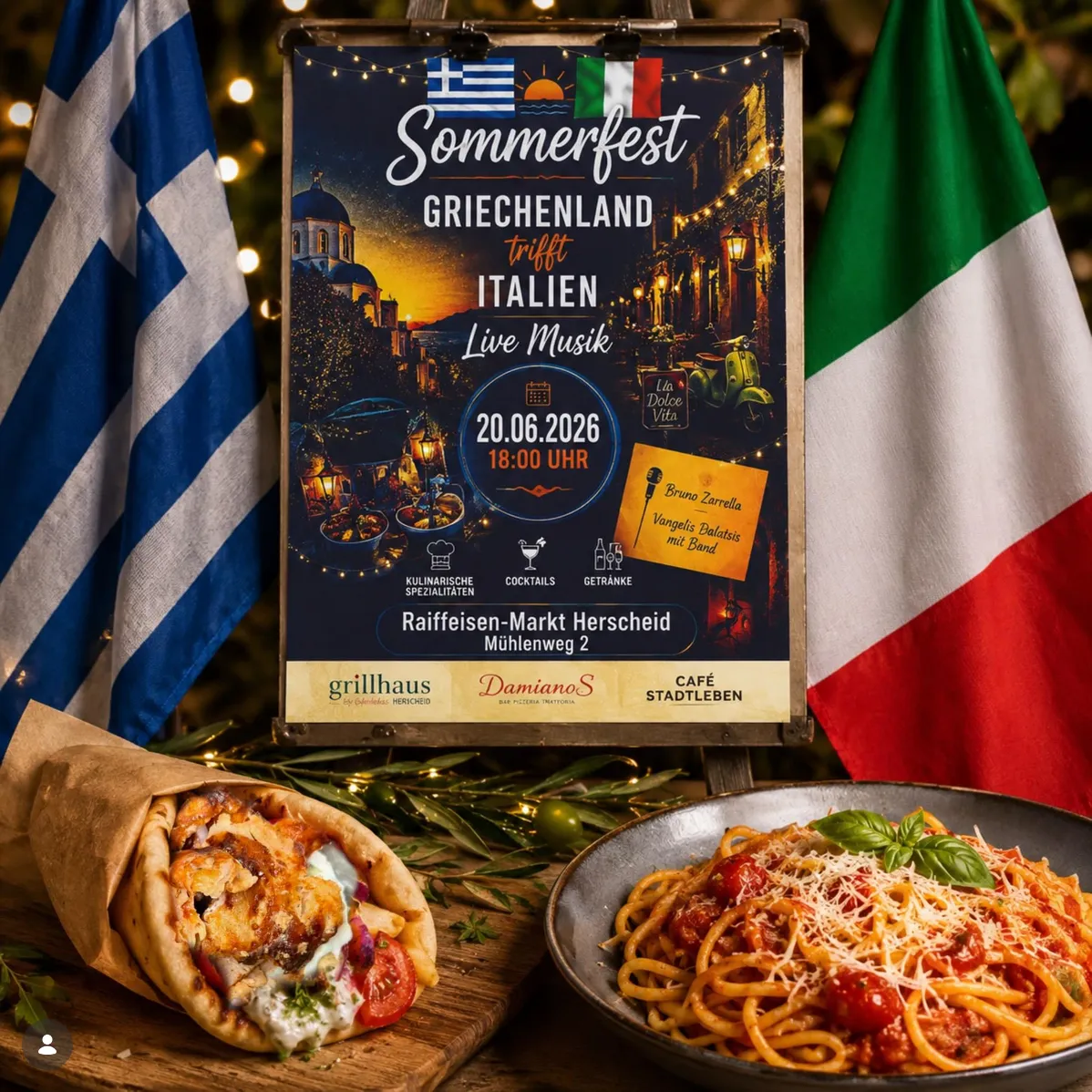 Ein Plakat kündigt ein Sommerfest am 20. Juni 2026 in Herscheid an, bei dem griechische und italienische Küche, Cocktails, Live-Musik und Getränke angeboten werden. Im unteren Bildbereich ist ein Teller mit Pizza zu sehen.