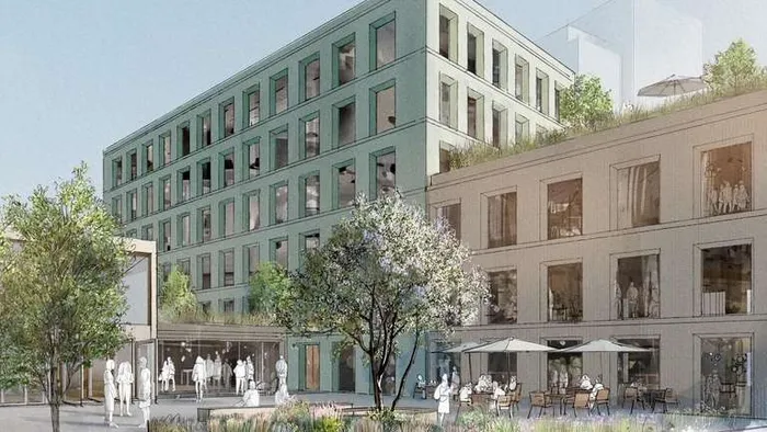 Architektonische Visualisierung des Midstad-Projekts mit einem hohen grünen Gebäude und einem flacheren, hellen Gebäude mit Außenbereich.