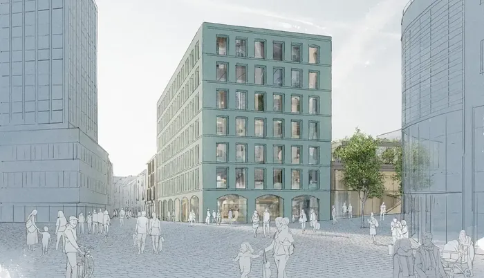 Architektonische Visualisierung eines siebenstöckigen Gebäudes mit grüner Fassade und Arkaden im Erdgeschoss in einer Fußgängerzone.