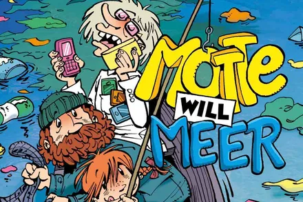 Comicartige Illustration zeigt eine Person, die von vielen Gegenständen umgeben ist, darunter ein Mobiltelefon, eine Geldbörse und ein Radio. Im Hintergrund steht in großen Buchstaben „Motte will Meer“.