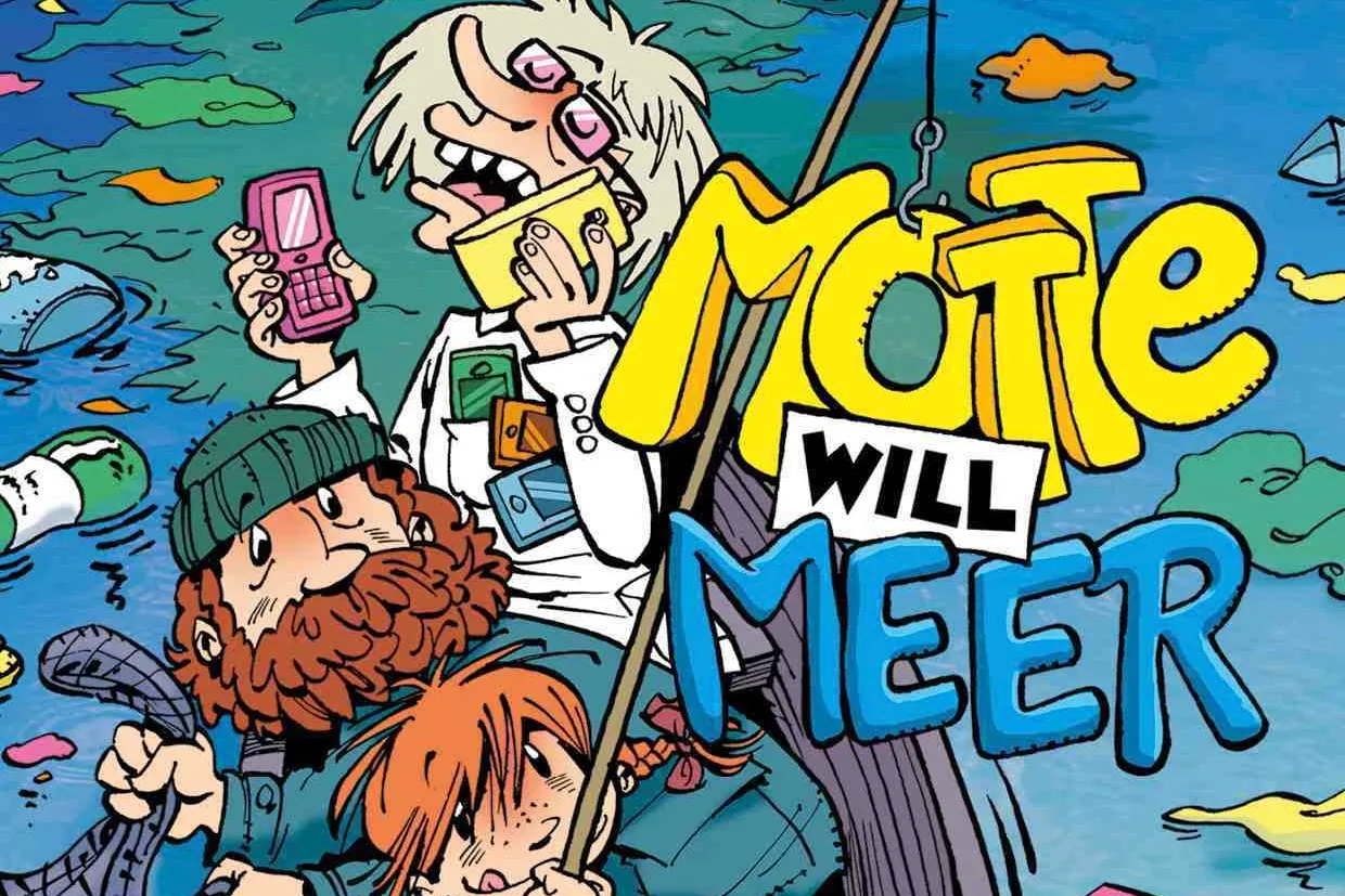 Comicartige Illustration zeigt eine Person, die von vielen Gegenständen umgeben ist, darunter ein Mobiltelefon, eine Geldbörse und ein Radio. Im Hintergrund steht in großen Buchstaben „Motte will Meer“.