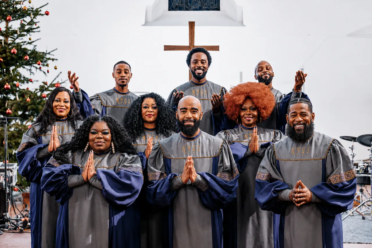 Die Mitglieder des Chores New York Gospel Stars posieren in grauen und blauen Roben vor einem Weihnachtsbaum und einem Holzkreuz.