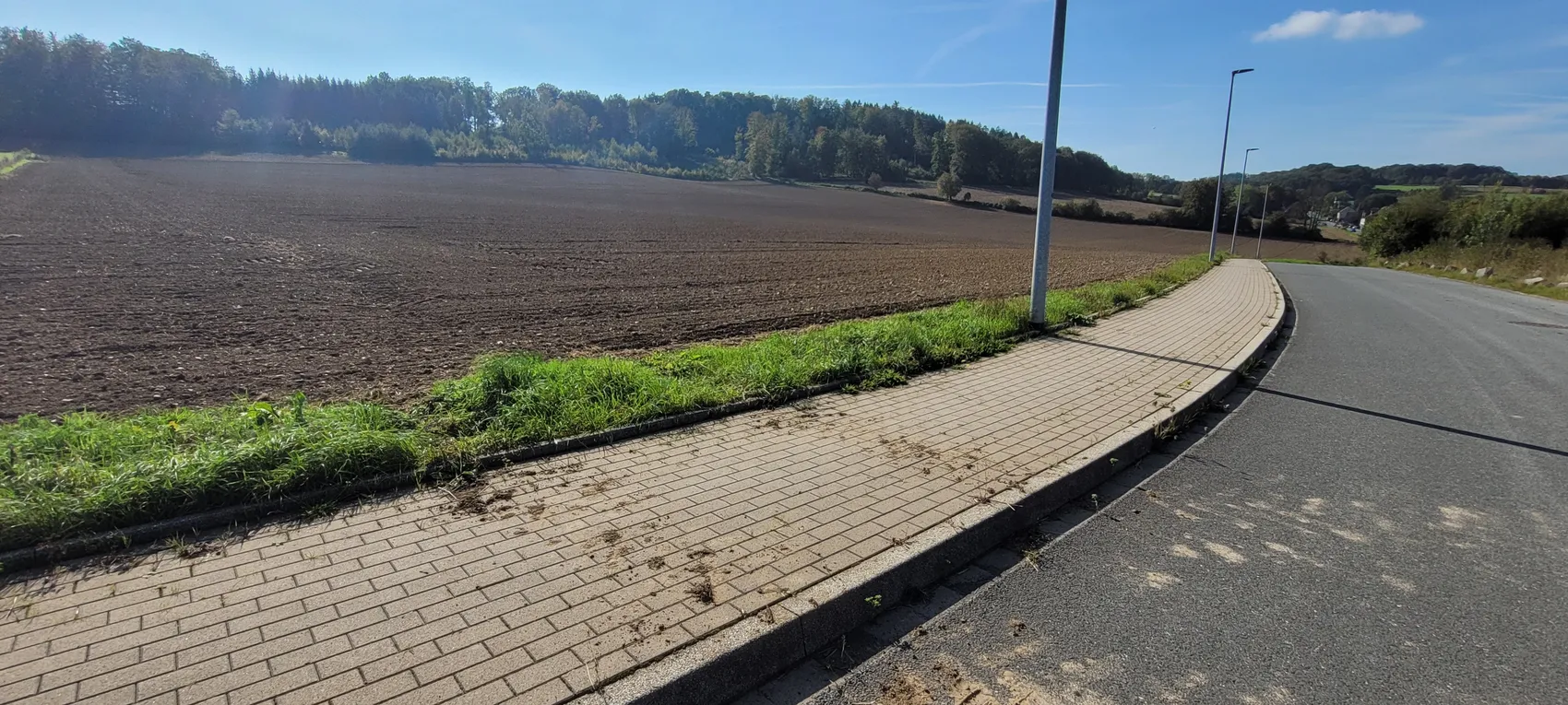 Ein frisch gepflügtes Feld neben einem gepflasterten Gehweg und einer Straße vor einem Waldrand.