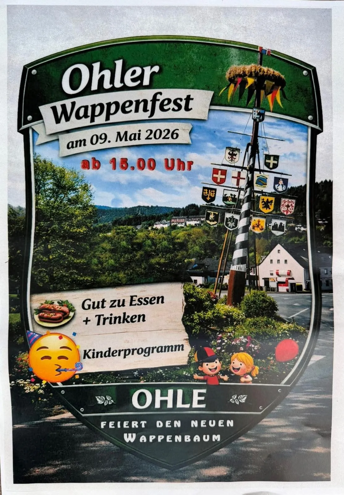 Werbeplakat für das Ohler Wappenfest am 9. Mai 2026 ab 18:00 Uhr mit Wappenbaum, Bergkulisse und Hinweisen auf Essen, Trinken und Kinderprogramm.