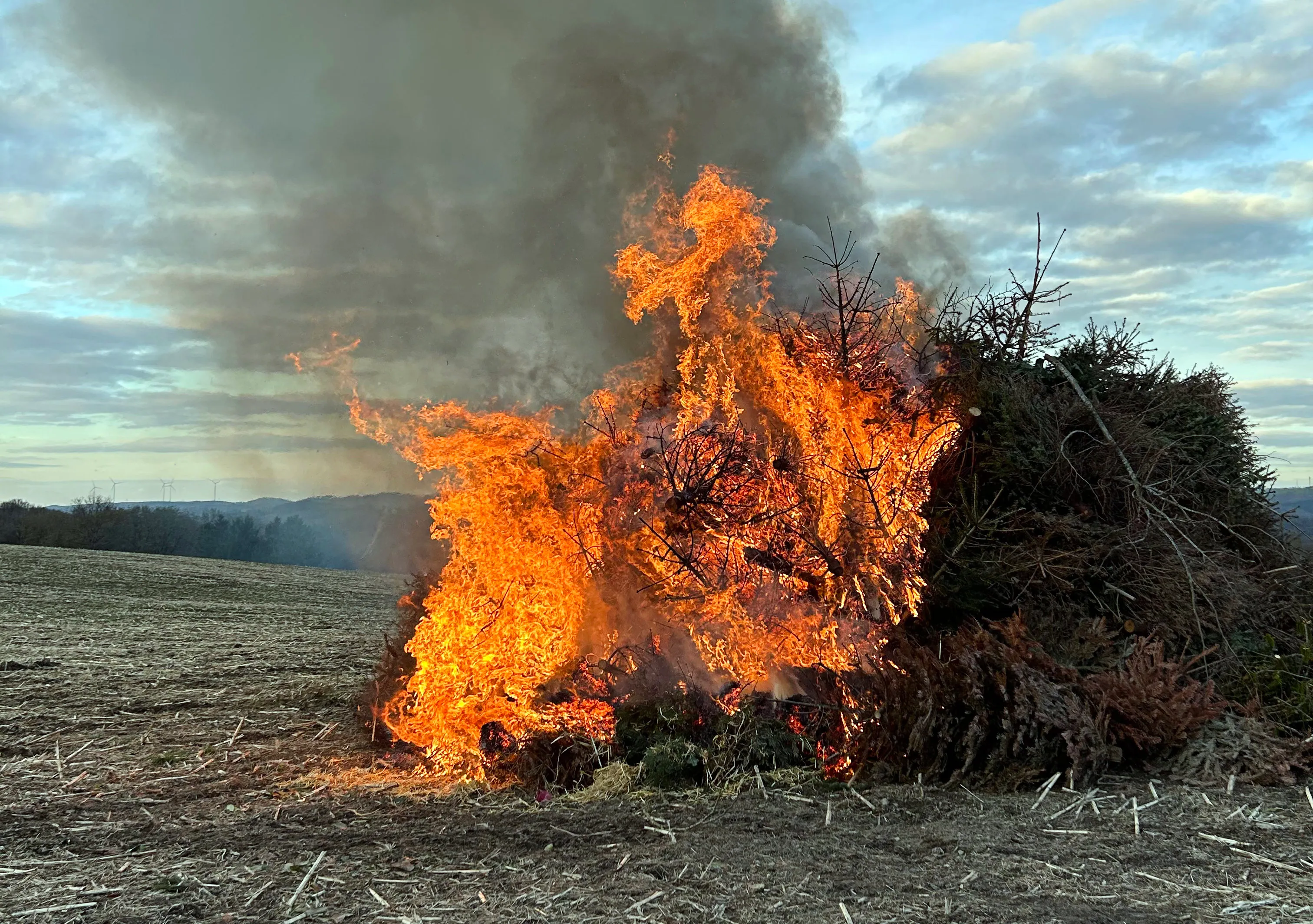 Ein großes Osterfeuer mit hohen Flammen und viel Rauch steht auf einem Feld. Im Hintergrund sind Bäume und ein bewölkter Himmel zu sehen.