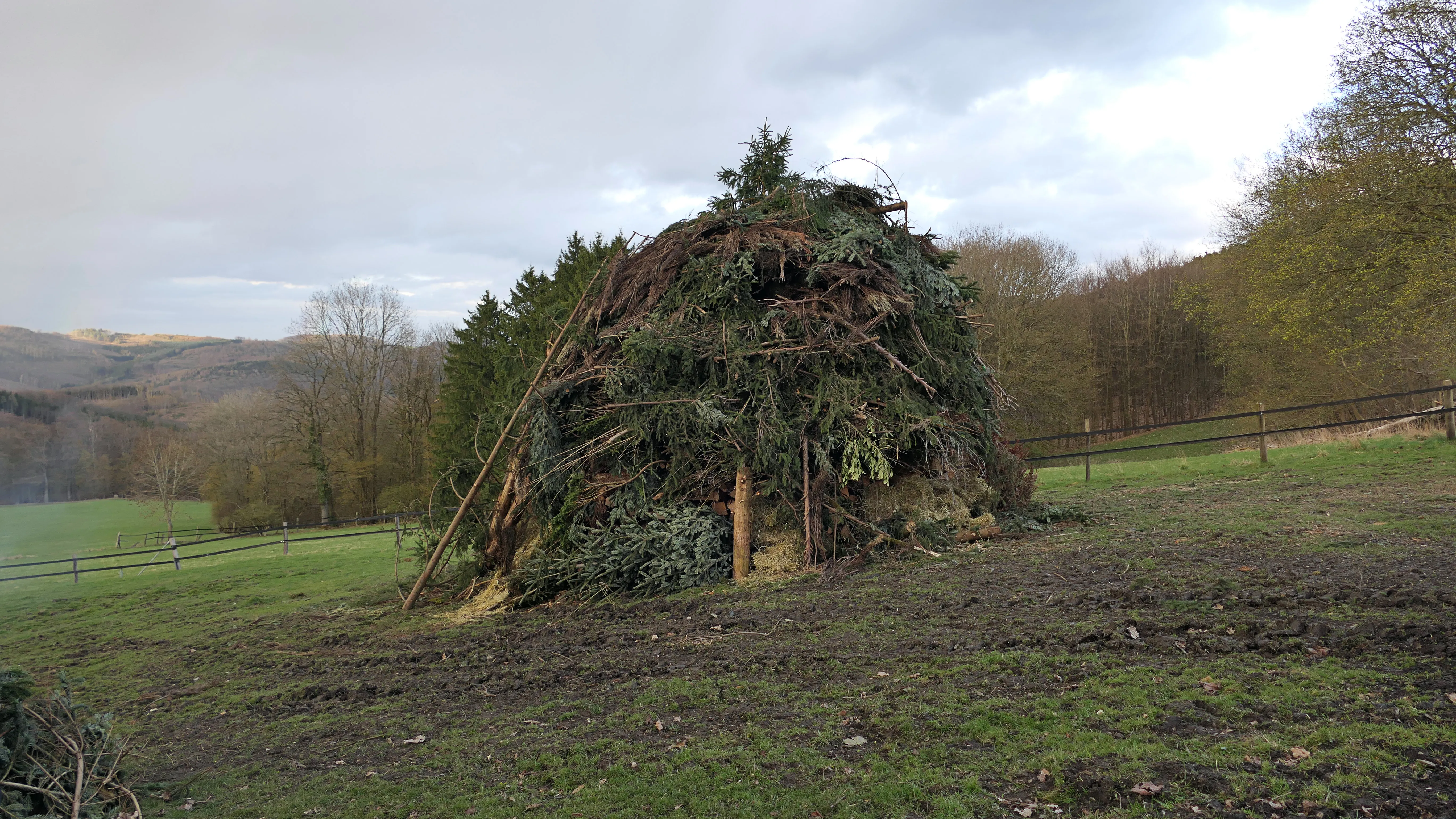 Großer Haufen aus Ästen und Reisig auf einer Wiese, vorbereitet für ein Osterfeuer. Im Hintergrund Hügel und Bäume unter einem bewölkten Himmel.