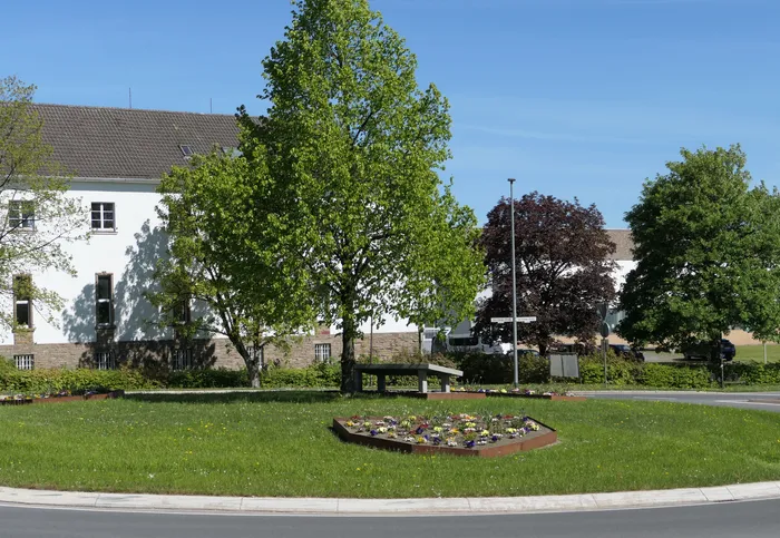 Kreisverkehr mit bunt bepflanztem Blumenbeet im Vordergrund, dahinter Gebäude und Bäume unter blauem Himmel.