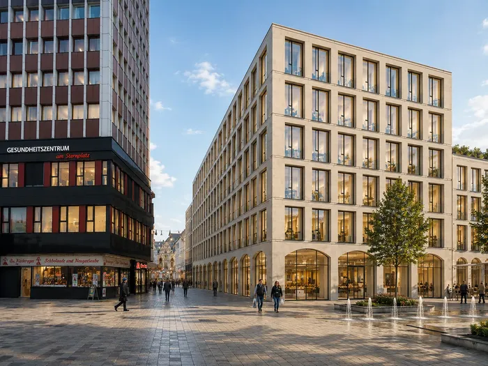 Moderne Architektur und eine Fußgängerzone mit hellen, verglasten Gebäuden und einem dunklen Gebäude mit der Aufschrift „Gesundheitszentrum am Sternplatz“.