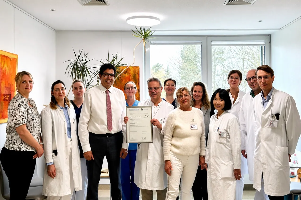 Ein Team von medizinischem Fachpersonal, darunter Ärztinnen und Ärzte in weißen Kitteln, posiert mit einem Zertifikat. Die Gruppe steht in einem hellen Raum mit großen Fenstern und Pflanzen.