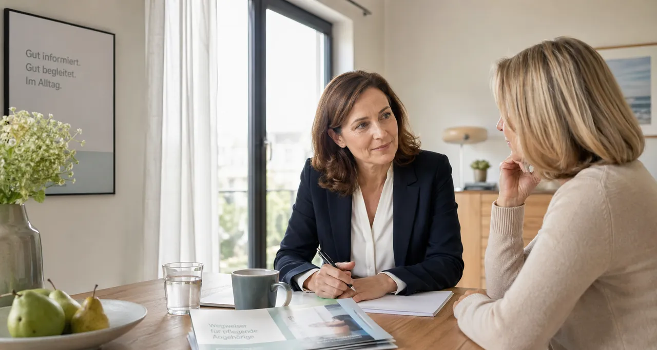 Zwei Frauen sitzen an einem Holztisch und besprechen Unterlagen. Im Hintergrund ein Fenster mit Blick auf einen Garten und ein Poster mit dem Aufdruck „Gut informiert. Gut begleitet. Im Alltag.“