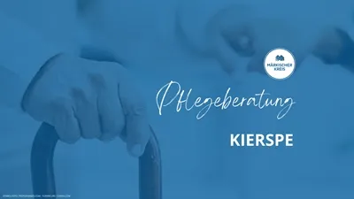 Eine Hand hält den Griff eines Rollators vor blauem Hintergrund mit dem Text „Pflegeberatung KIERSPE“.