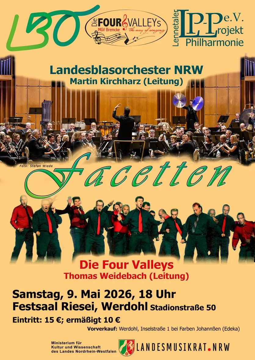 Plakat für das Konzert „Facetten“ mit dem Landesblasorchester NRW und Die Four Valleys am 9. Mai 2026 in Werdohl.