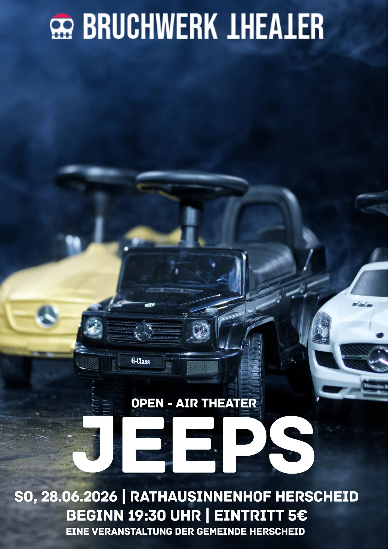 Werbeplakat für die Komödie JEEPS des Bruchwerk Theaters mit einem Modellauto vom Typ Mercedes-Benz G-Klasse im Vordergrund. Aufführung am 28. Juni 2026 im Rathausinnenhof Herscheid, Beginn 19:30 Uhr, Eintritt 5 Euro.