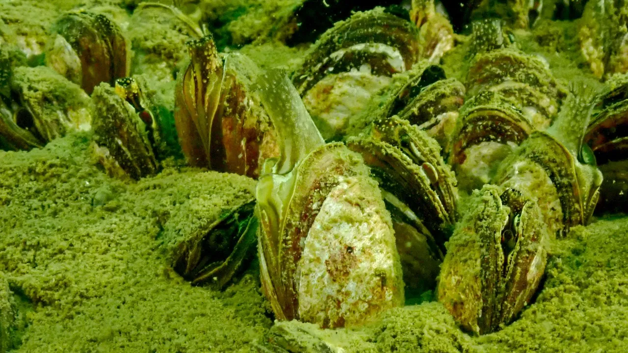 Dichtes Vorkommen von Quaggamuscheln, bedeckt mit Algenbewuchs, im Wasser.