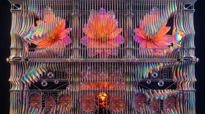 Abstrakte digitale Komposition mit irisierenden, wellenförmigen Strukturen und großen, leuchtenden, orange-pinken Blütenmotiven.