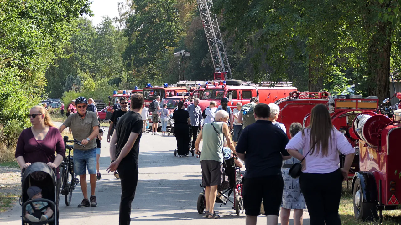 Besucher spazieren an einer Reihe roter Feuerwehrfahrzeuge auf einem von Bäumen gesäumten Weg vorbei.