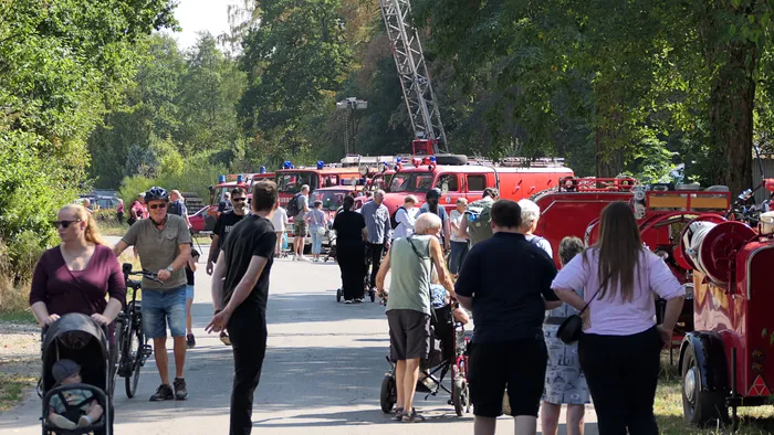 Besucher spazieren an einer Reihe roter Feuerwehrfahrzeuge auf einem von Bäumen gesäumten Weg vorbei.