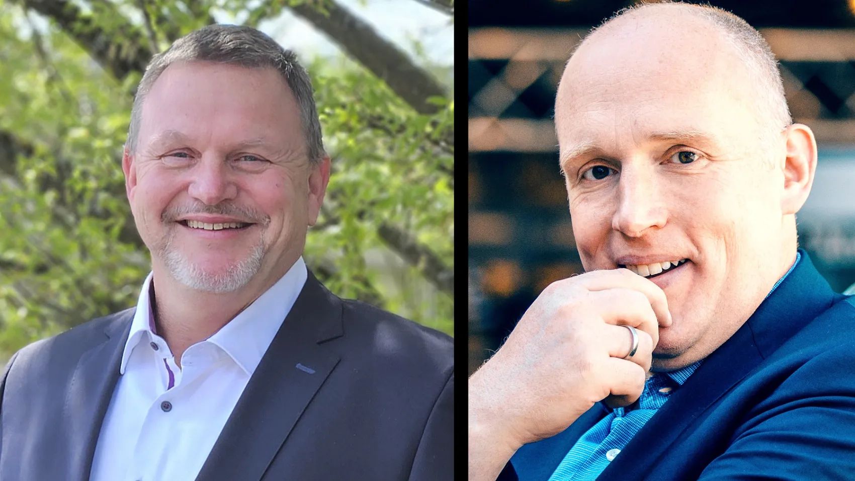 Zwei Porträts: Peter Schrade mit grau meliertem Haar im Anzug und Christoph Weiland, glatzköpfig, mit Bart und blauem Hemd.