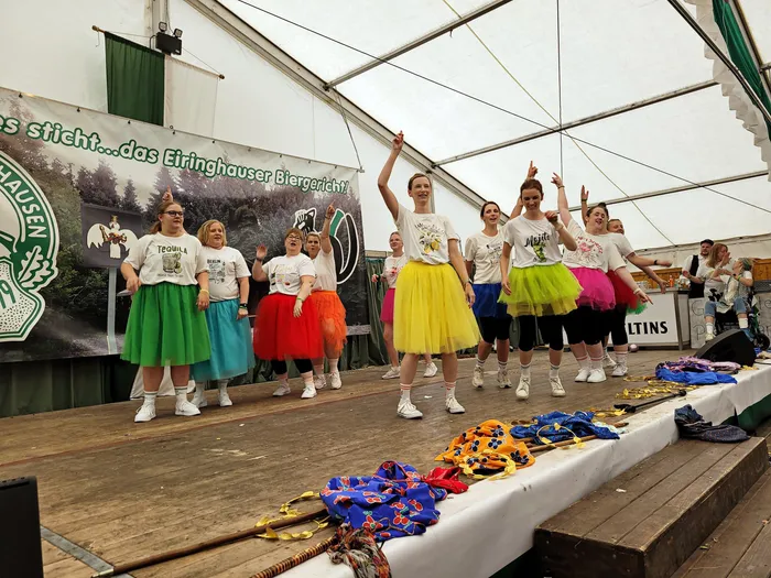Mitglieder der Biergerichtskommission in weißen T-Shirts und bunten Tutus stehen auf einer Bühne im Festzelt.