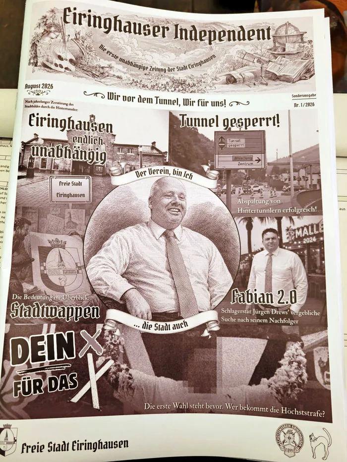Titelseite der satirischen Zeitung 'Eiringhauser Independent' mit Schlagzeilen und Porträtfotos.