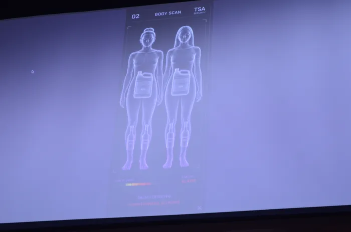 Ein Body-Scan-Bild zeigt zwei menschliche Figuren, bei denen im Bauchbereich Objekte erkannt wurden. Ein Warnhinweis 
