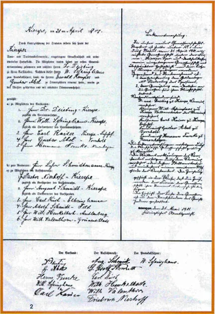 Seite aus einem historischen Dokument mit dichtem Text in deutscher Schrift, darunter Unterschriften. Es handelt sich um den Gründungsvertrag der Volksbank Kierspe vom 21. April 1901.