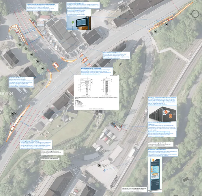 Lageplan des Bahnhofs Oberbrügge mit eingezeichneten Gleisen, Fußwegen, Bushaltestellen und Informationsanzeigen.