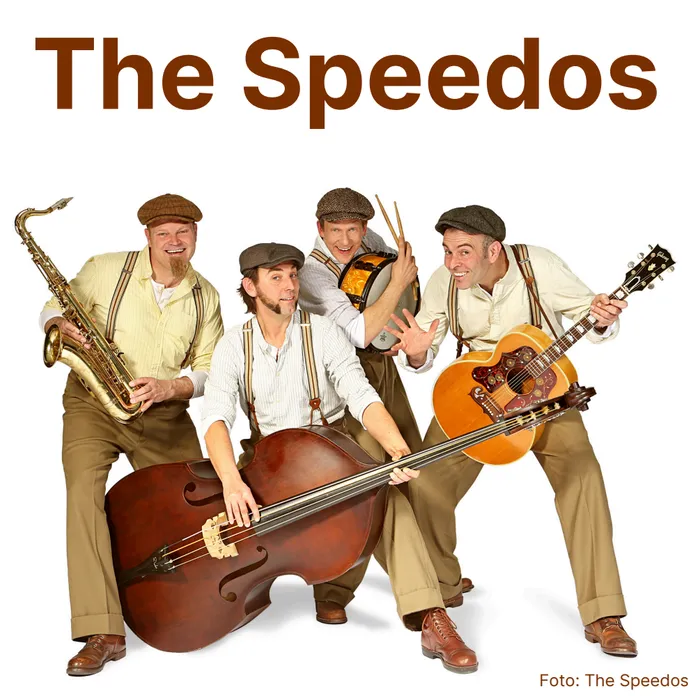 Vier Mitglieder der Band The Speedos in Vintage-Kleidung posieren mit Saxophon, Kontrabass, Schlagzeug und einer Akustikgitarre.