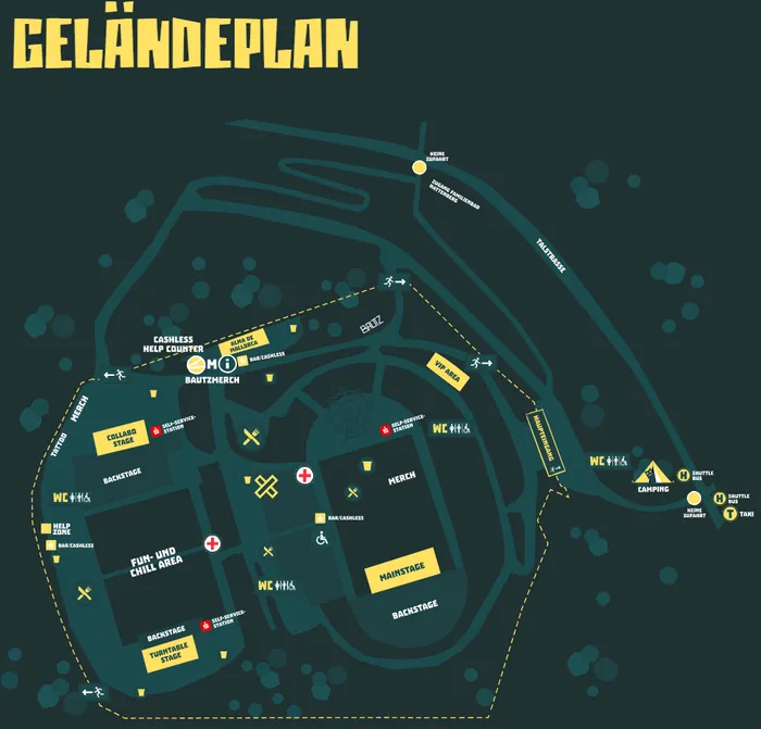 Geländeplan des Bautz-Festivals mit den Standorten von Bühnen, Camping, Merch, Bars und Sanitäranlagen.