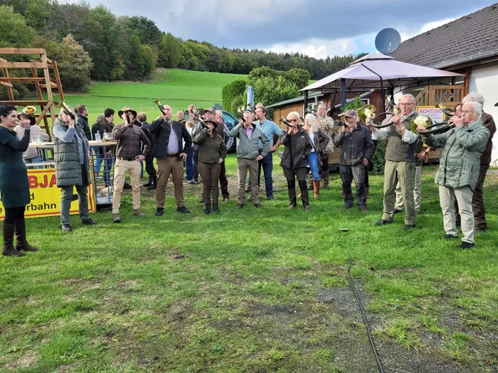 Eine Gruppe von Menschen spielt Alphörner auf einer Wiese während eines Sommerfests.