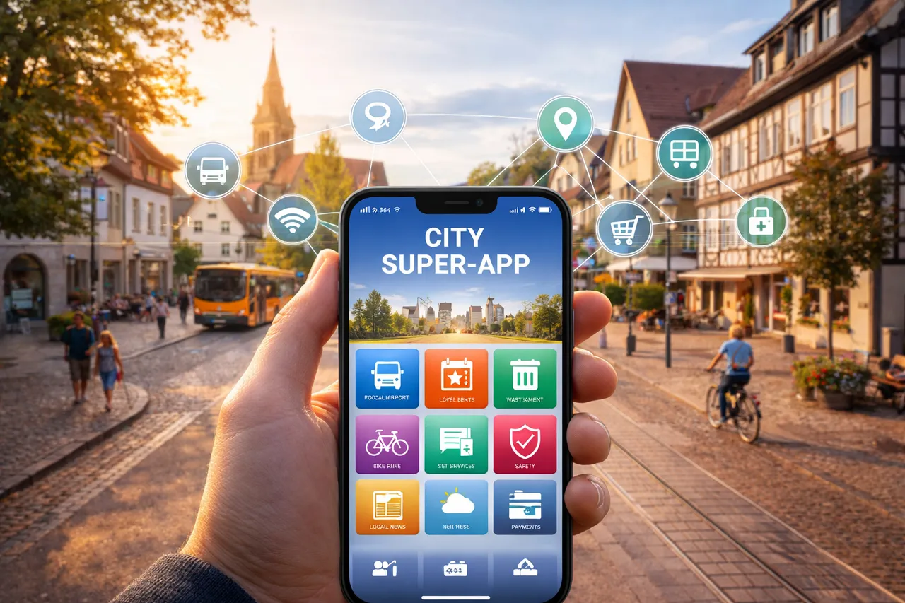 Hand hält Smartphone mit App-Oberfläche, die verschiedene städtische Dienstleistungen wie Transport, lokale Angebote und Nachrichten anzeigt. Im Hintergrund eine europäische Stadtansicht im Abendlicht.