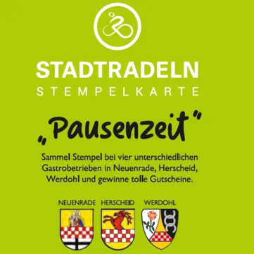 Stempelkarte der Stadtradeln-Aktion „Pausenzeit“ mit den Wappen der teilnehmenden Orte Neuenrade, Herscheid und Werdoehl.
