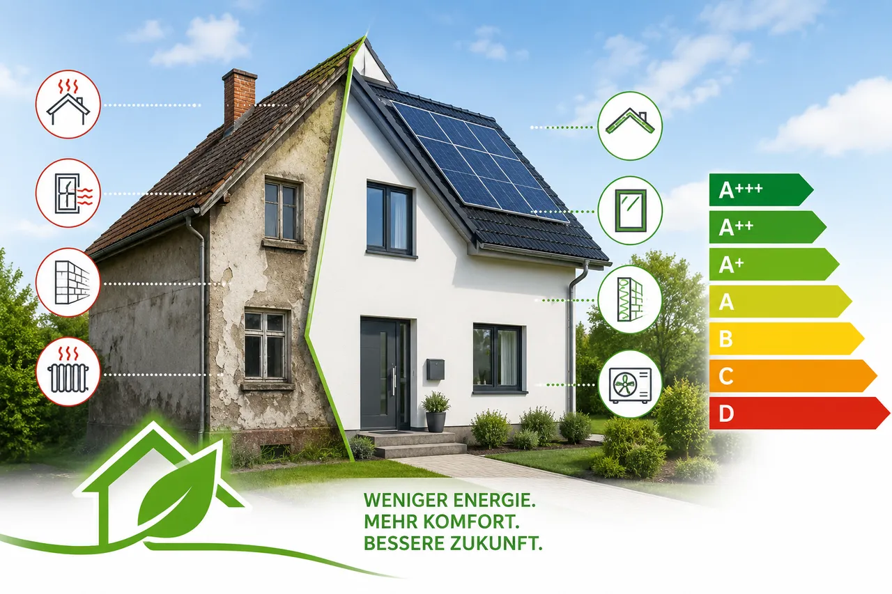 Gegenüberstellung eines baufälligen Hauses und eines sanierten Hauses mit Solaranlagen, ergänzt durch Symbole für energetische Maßnahmen und eine Energieeffizienzskala.
