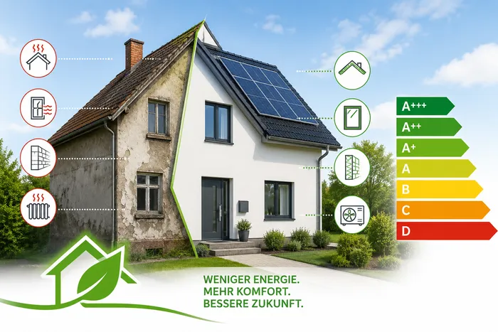 Gegenüberstellung eines baufälligen Hauses und eines sanierten Hauses mit Solaranlagen, ergänzt durch Symbole für energetische Maßnahmen und eine Energieeffizienzskala.
