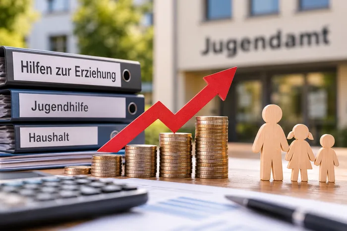 Aktenordner mit der Aufschrift „Hilfen zur Erziehung“, steigende Münzstapel mit rotem Pfeil, Holzfiguren einer Familie und ein Jugendamt im Hintergrund.