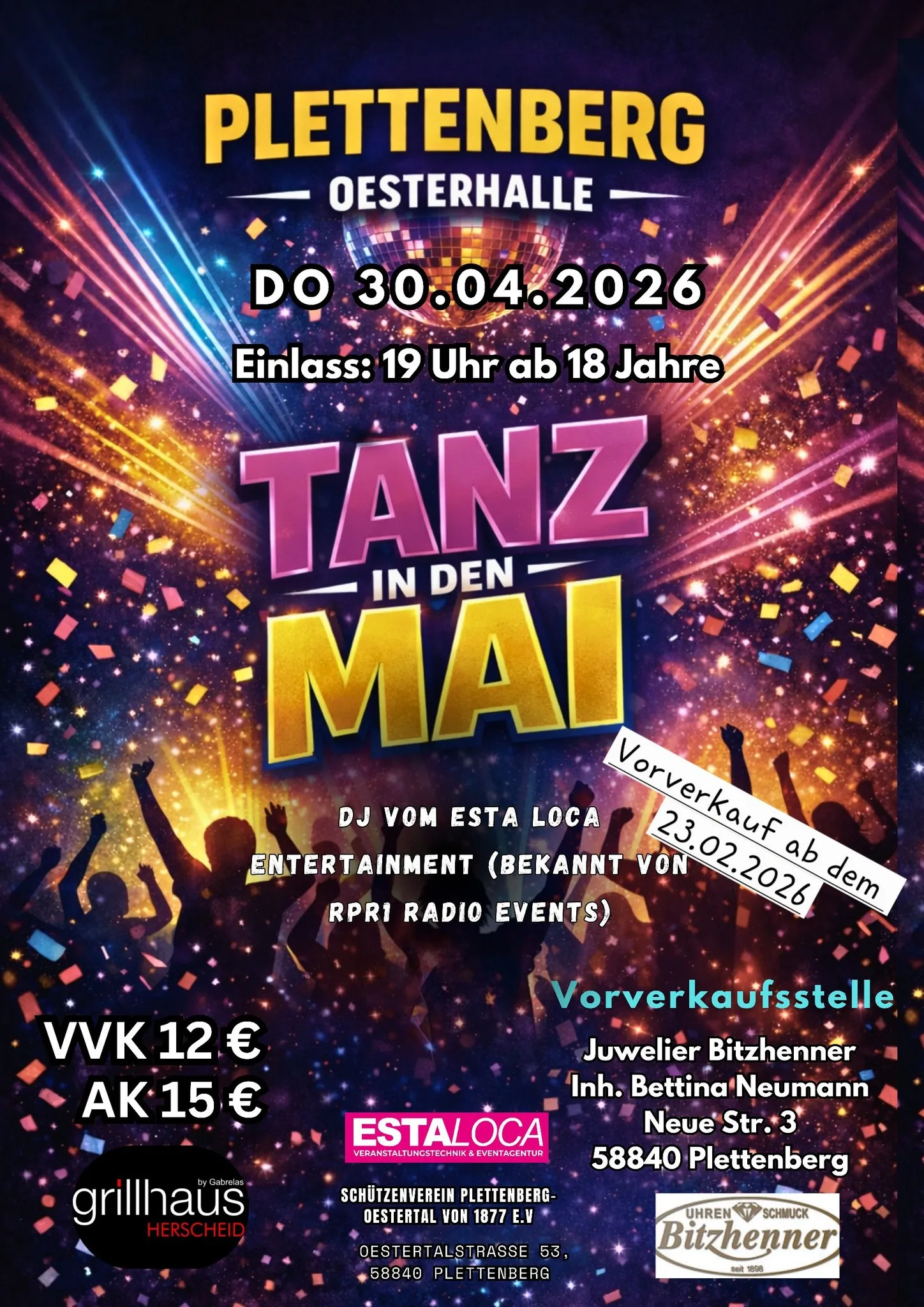 Plakat für die Veranstaltung „Tanz in den Mai“ am 30. April 2026 in der Oesterhalle Plettenberg mit DJ von Esta Loca, VVK 12€, AK 15€.