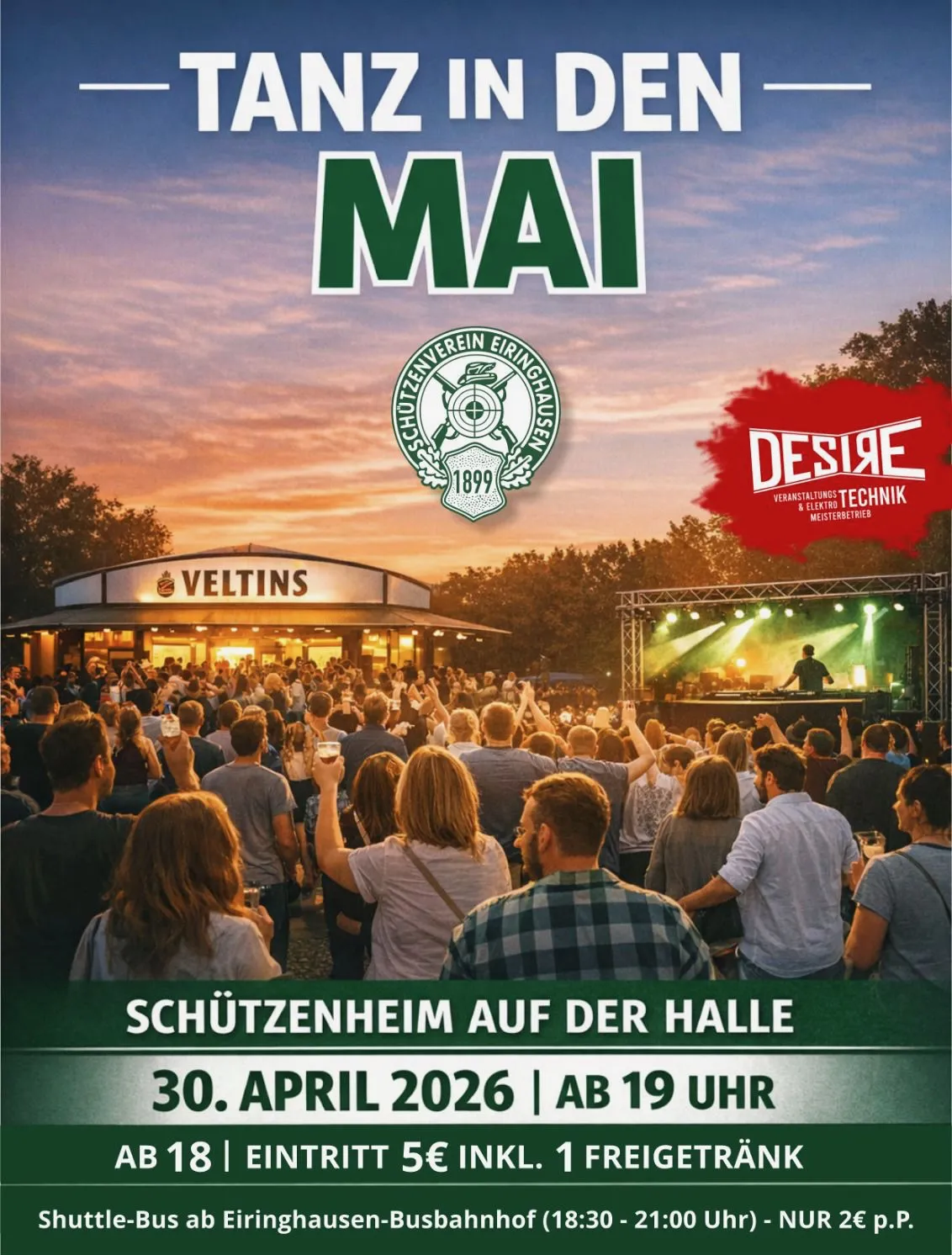 Veranstaltungsplakat für „Tanz in den Mai“ mit tanzenden Menschen vor einer Bühne, Veranstalter ist der Schützenverein Eiringhausen am 30. April 2026.