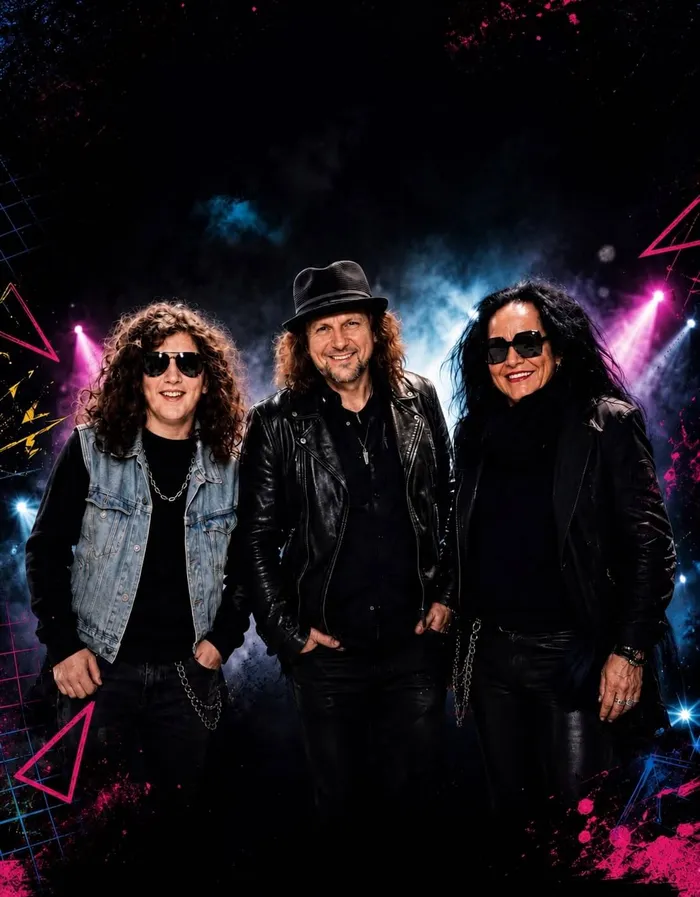 Die Musiker Manu, Robin und Tommaso in Rock-Outfits vor einem dunklen Hintergrund mit bunten Lichteffekten.