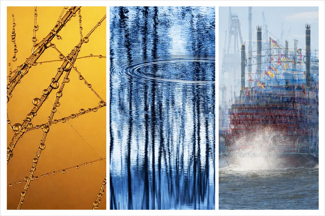 Drei Fotos zum Thema Wasser: Tautropfen auf einem Spinnennetz, Wasseroberfläche mit Wellen und Reflexionen, sowie ein Schiff im Hafen mit aufkommendem Seegang.