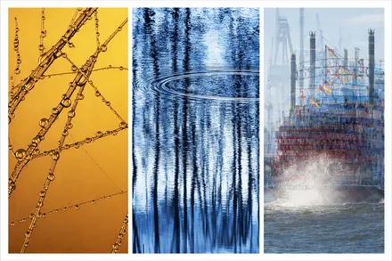 Drei Fotos zum Thema Wasser: Tautropfen auf einem Spinnennetz, Wasseroberfläche mit Wellen und Reflexionen, sowie ein Schiff im Hafen mit aufkommendem Seegang.