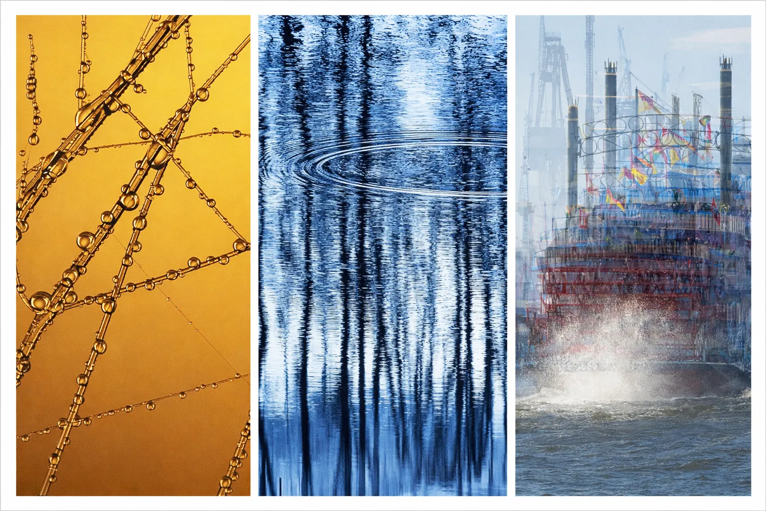 Drei Fotos zum Thema Wasser: Tautropfen auf einem Spinnennetz, Wasseroberfläche mit Wellen und Reflexionen, sowie ein Schiff im Hafen mit aufkommendem Seegang.